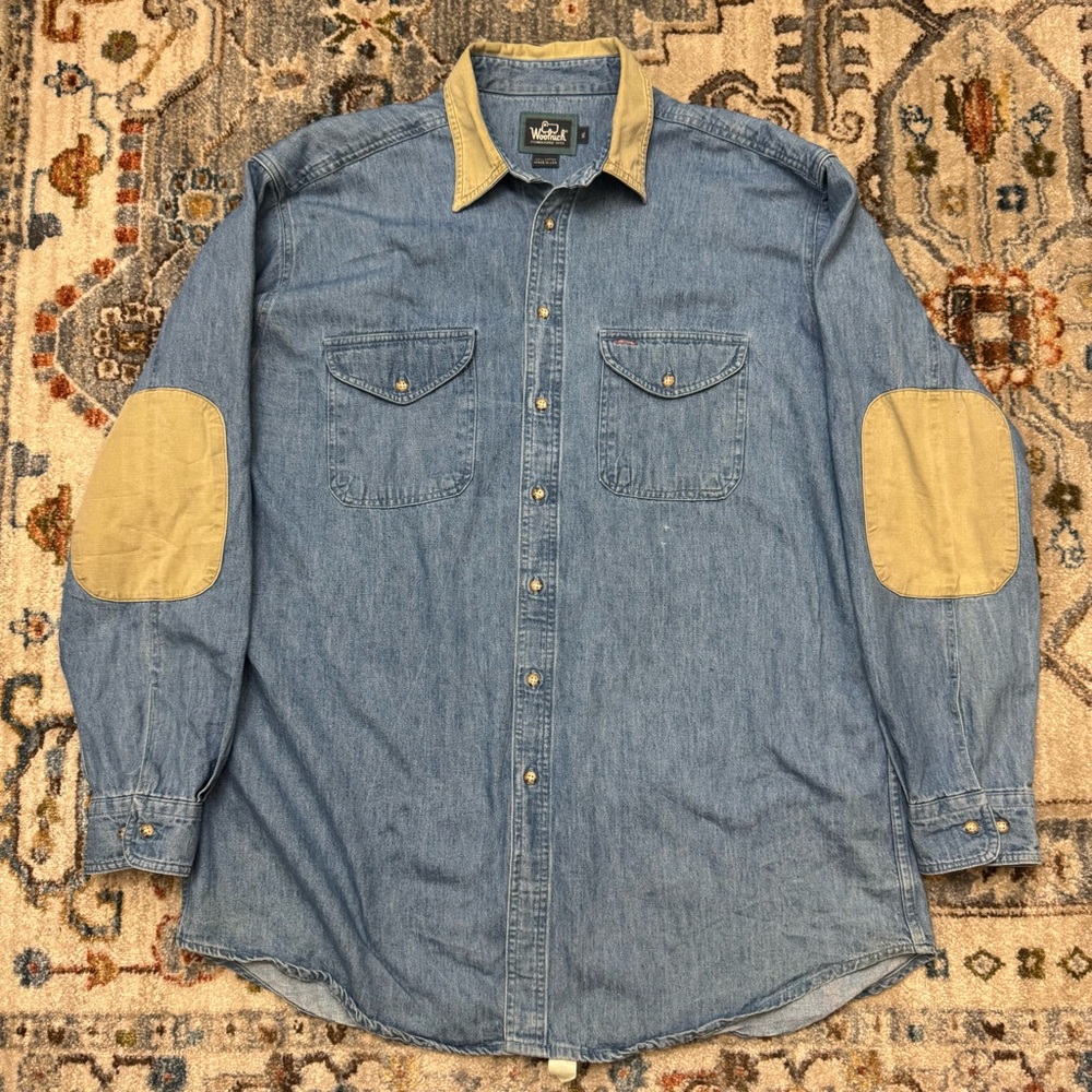 Vintage Woolrich Made in USA Blue Denim Shirt with Tan Elbow Patches